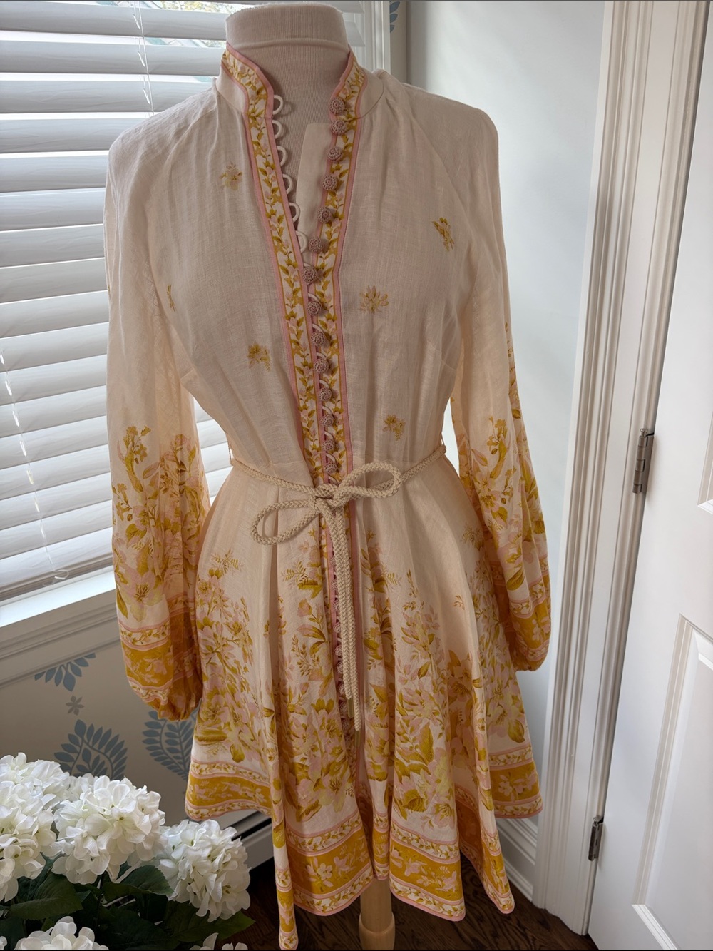 Zimmermann Cream Dress with Yellow Floral Border and Pink Trim size AU 3